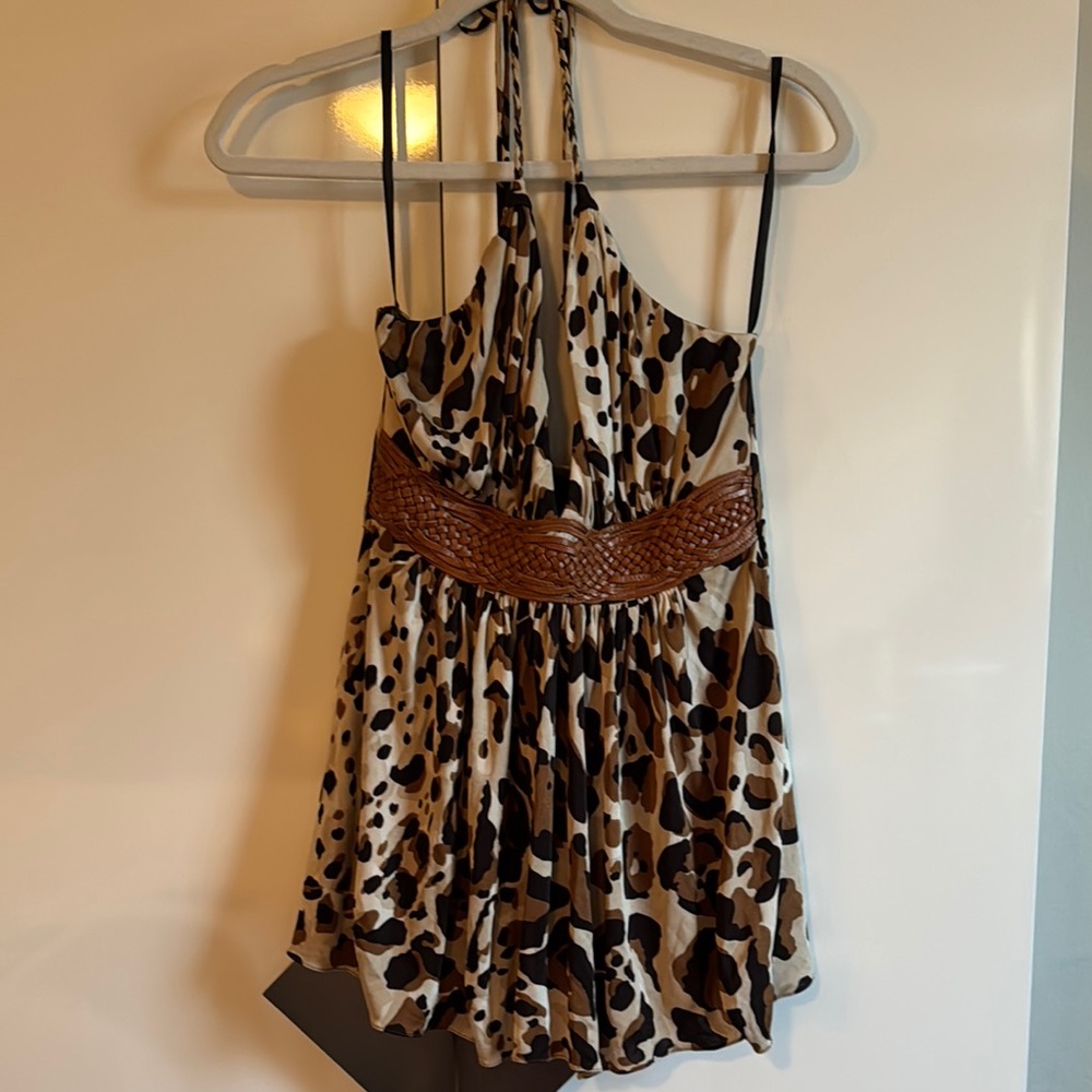 Sky Brown and Black Ruched Halter Too with leather braided detail, SzMed